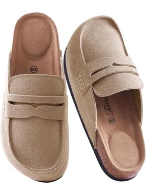 🆕 Women Beige Suede Loafer Clogs Cork Footbed Slip On Backless Penny Mules